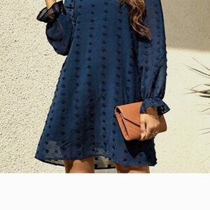 Elegant Navy Long Sleeve Dress C H I F F O N Swiss Dot S H E E R Long Sleeve Med